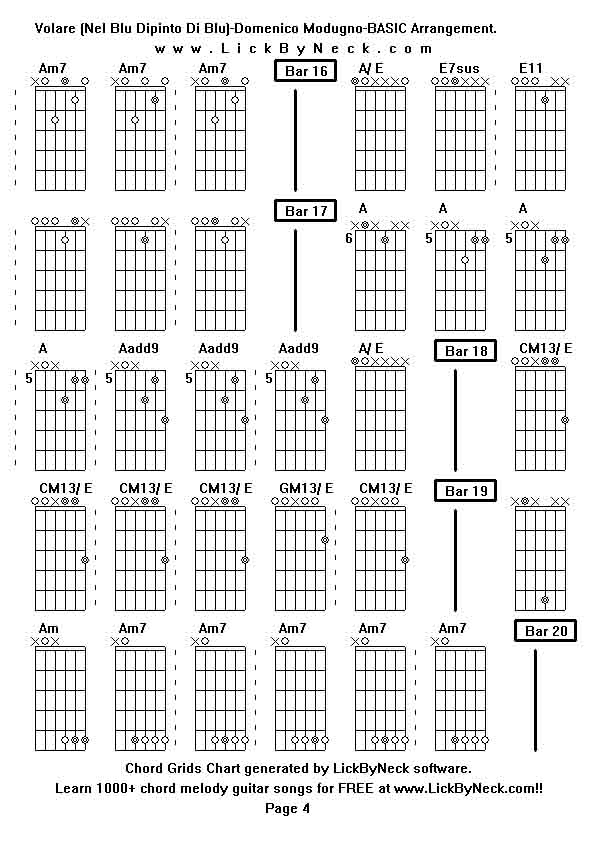 Chord Grids Chart of chord melody fingerstyle guitar song-Volare (Nel Blu Dipinto Di Blu)-Domenico Modugno-BASIC Arrangement,generated by LickByNeck software.